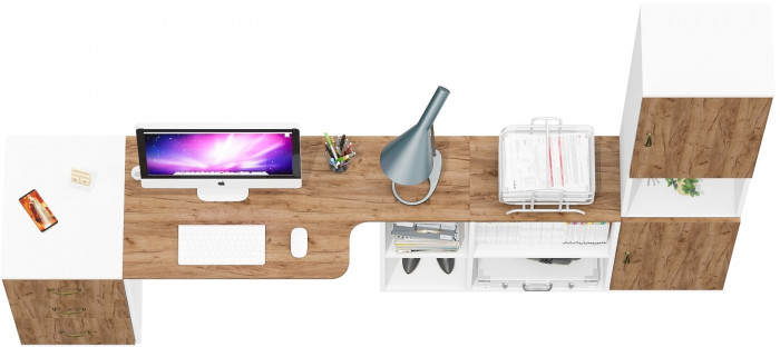 Лидер-8 Стол + Тумба МД 3.16 + Пенал, цвет белый шагрень/крафт золото, ШхГхВ 245х50/30х75/190 см. или 115х50/160х75/190 см., НЕ универсальная сборка