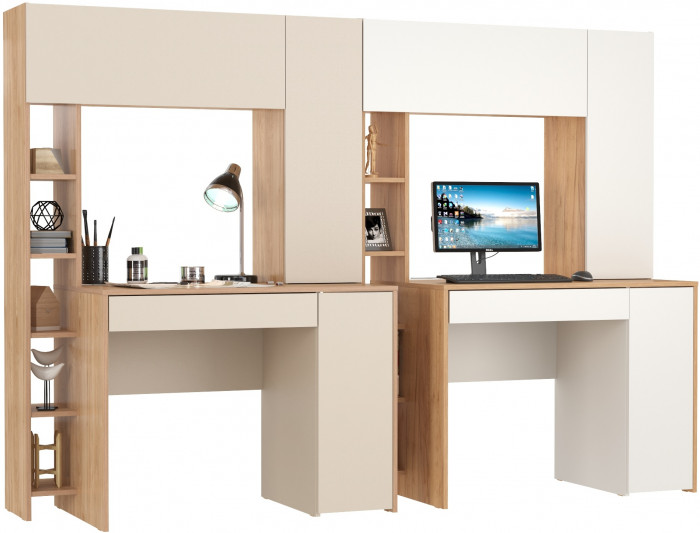 Два стола компьютерных Комфорт 12.71, цвет гикори рокфорд натуральный/сатин/дуб золотой/белый, ШхГхВ 233,4х60,2х165,4 см., НЕ универсальная сборка
