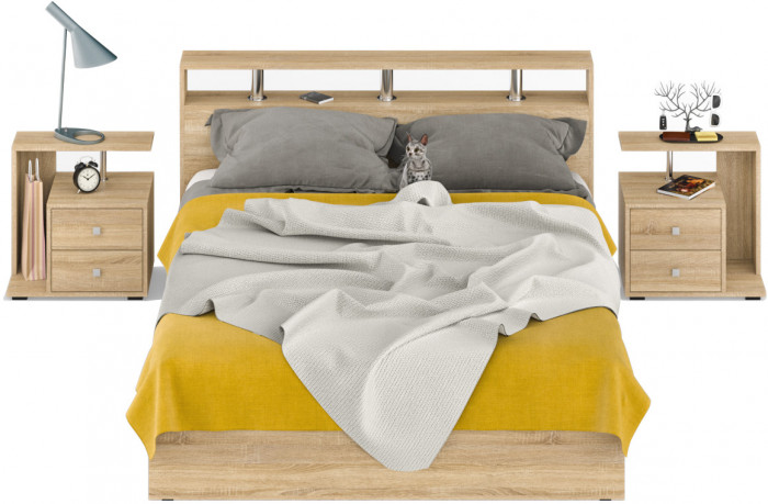 Камелия Кровать 1600 + две тумбы, цвет дуб сонома, ШхГхВ 276х217х78,2 см., сп.м. 1600х2000 мм., без матраса, основание есть