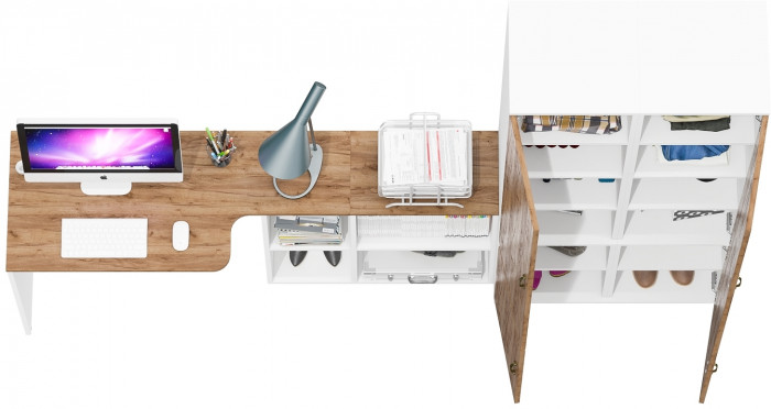 Лидер-8 Стол + Пенал МД 22Б + Пенал МД 22Б, цвет белый шагрень/крафт золото, ШхГхВ 245х50/37,5х75/190 или 115х160/50х75/190 см., НЕ ун. сборка