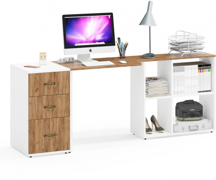 Лидер-8 Стол + Тумба МД 3.16, белый шагрень/крафт золото