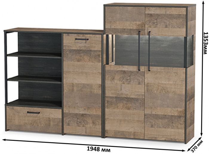 Трувор 13.307.01 Комод + 13.306 Комод с витриной, цвет дуб гранж песочный/интра, ШхГхВ 194,8х37х135,3 см., универсальная сборка