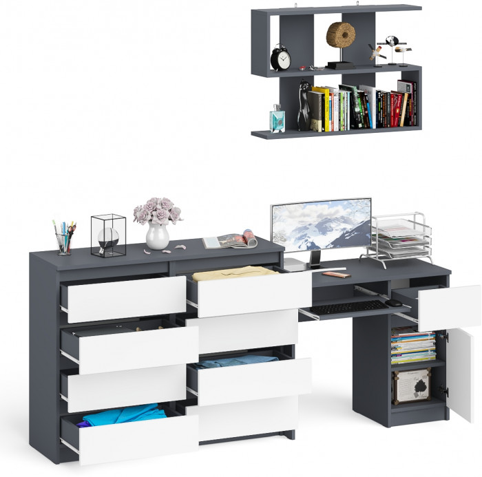 Мори Стол компьютерный МС-1 правый + Комод МК1200.8 + Полка 900, цвет графит/белый, ШхГхВ 210,4х50х209,6 см., НЕ универсальная сборка