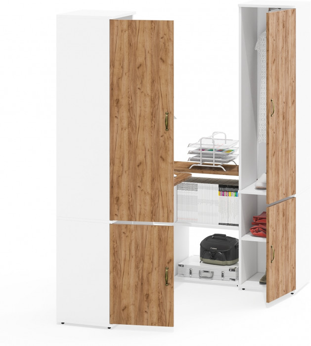 Лидер-8 Пенал МД 22Б + Стол + Пенал 21Б, цвет белый шагрень/крафт золото, ШхГхВ 245х50/37,5х75/190 или 155х120/50х75/190 см., НЕ универсальная сборка