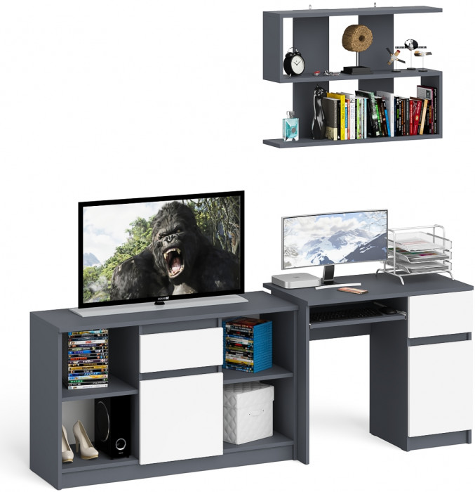 Мори Стол компьютерный МС-1 правый + Тумба МТВ1204.1 + Полка 900, цвет графит/белый, ШхГхВ 210,4х50х209,6 см., НЕ универсальная сборка