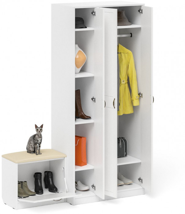 Прихожая П-6 Компоновка № 45, цвет белая шагрень/фасады МДФ белое дерево фрезеровка прованс, ШхГхВ 150х50х210 см., универсальная сборка