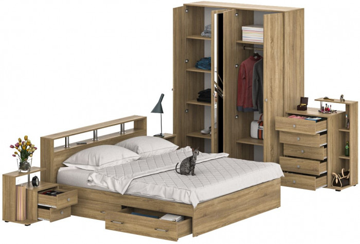 Камелия спальня № 11 Кровать с ящиками 1800 + Две тумбы + Комод + Шкаф 4-х створчатый, дуб сонома