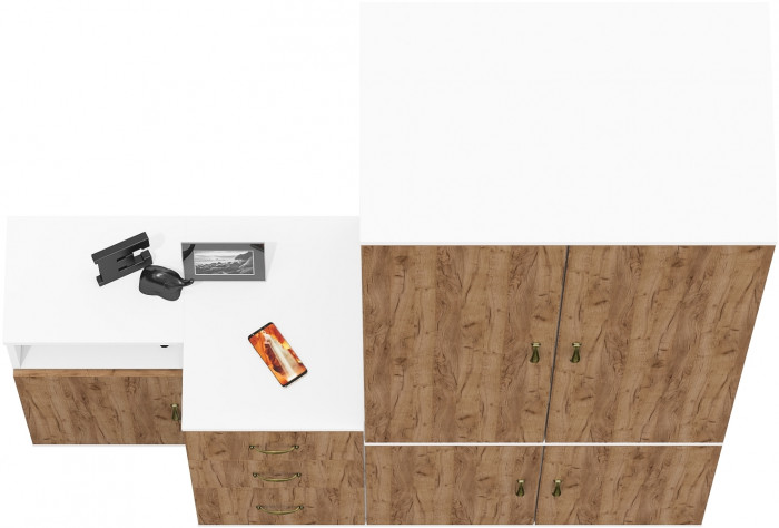 Лидер-8 Шкаф МД 19Б + Тумба МД 3.16 + Тумба МД 3.19, цвет белый шагрень/крафт золото, ШхГхВ 160х50х190 см., универсальная сборка