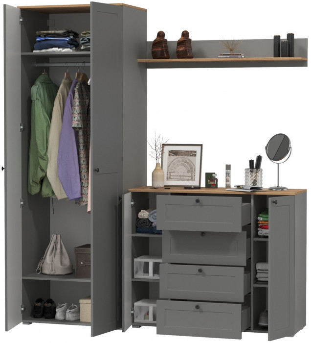 Остин Прихожая 62, цвет серый графит/дуб крафт золотой, ШхГхВ 200х54,3х229,6 см., универсальная сборка