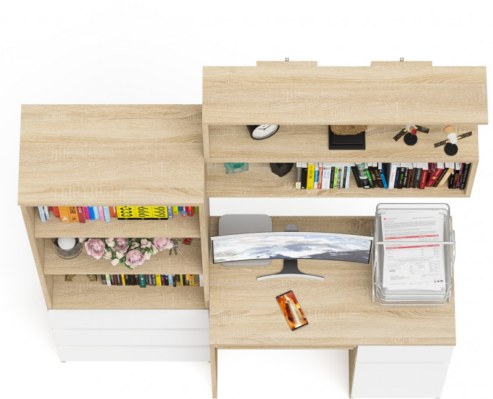 Мори компьютерный стол МС-1 правый + Стеллаж МСТ600.3 + Полка 900, дуб сонома/белый