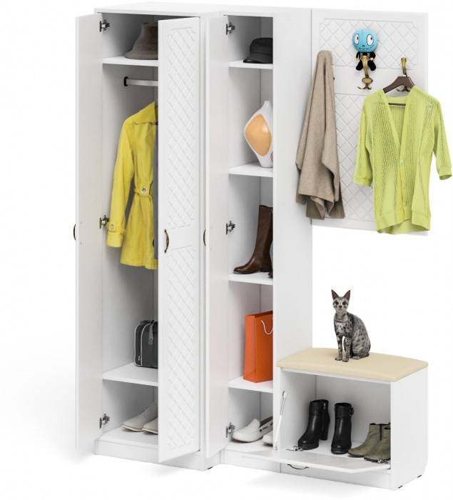 Прихожая П-6 Компоновка № 27, цвет белая шагрень/фасады МДФ белое дерево фрезеровка ромб, ШхГхВ 150х50х210 см., универсальная сборка