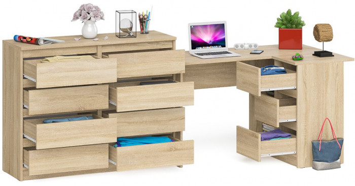 Мори Стол компьютерный МС-16 правый + Комод МК1200.8, цвет дуб сонома, ШхГхВ 244,8х84,9х94 см., выдвижные ящики справа, НЕ универсальная сборка