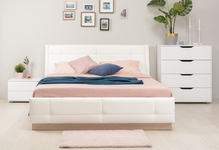 Муссон 11.28 Кровать БЕЗ ортопеда, цвет ЛДСП дуб эндгрейн элегантный/искусственная кожа белая, ШхГхВ 177,2х224х95,3 см., сп. м. 1600х2000 мм, б/м, б/о