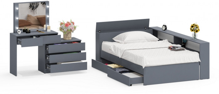 Ксения Кровать с ящиками 1200 + прикроватный блок + Столик с подсветкой 110, графит