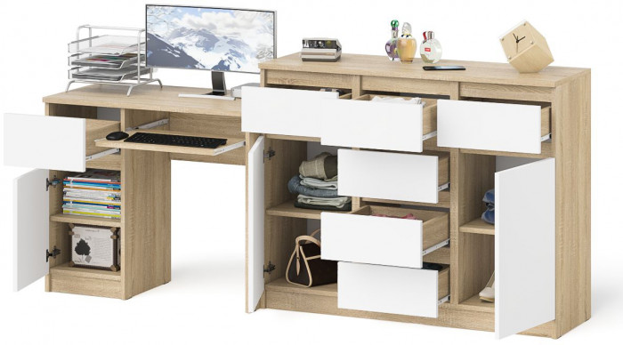Мори Стол компьютерный МС-1 левый + Комод МК1200.4, цвет дуб сонома/белый, ШхГхВ 210,4х50х94 см., выдвижной ящик слева, НЕ универсальная сборка