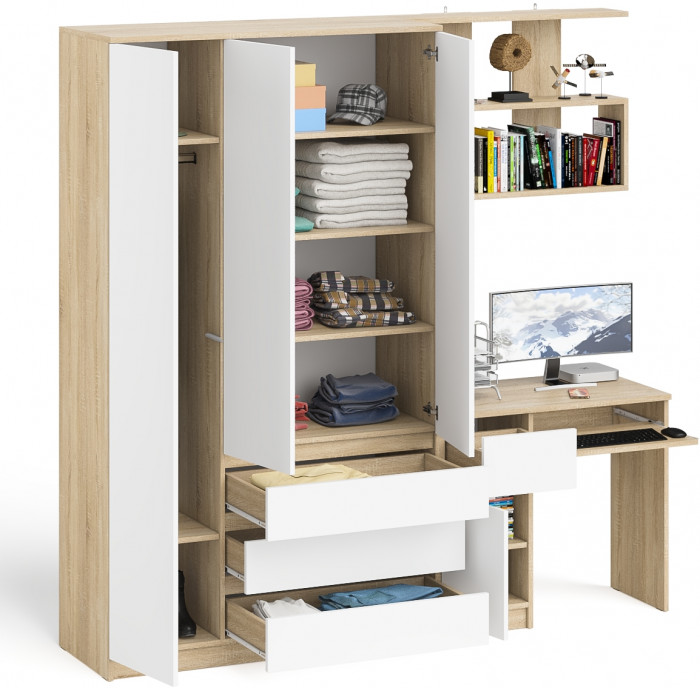 Мори Стол компьютерный МС-1 левый + Шкаф МШ1200.1 + Полка 900, цвет дуб сонома/белый, ШхГхВ 210,4х50,4х209,6 см., НЕ универсальная сборка