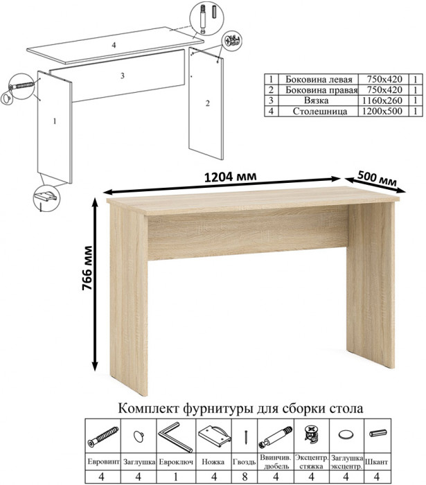 Мори Стол письменный МСП1200.1 + Комод МК1200.4, цвет дуб сонома, ШхГхВ 240,8х50х94 см., универсальная сборка