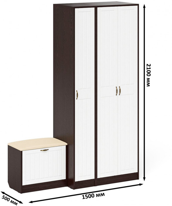 Прихожая П-6 Компоновка № 45, цвет венге/фасады МДФ белое дерево фрезеровка прованс, ШхГхВ 150х50х210 см., универсальная сборка