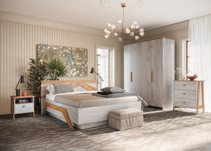 Кровать 140х200 "Скандинавия" с подъемным основанием - Бетон пайн светлый/Дуб наварра