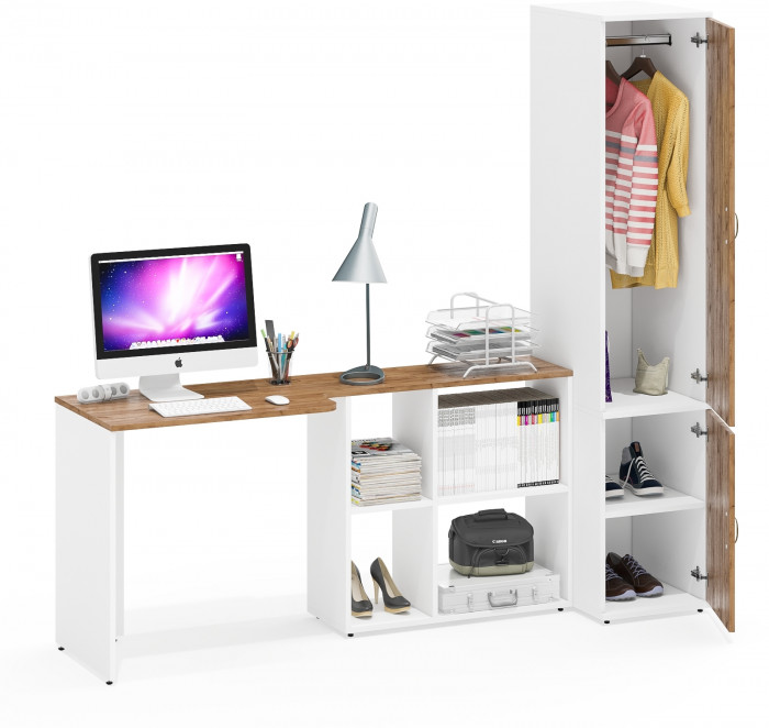 Лидер-8 Стол + Пенал МД 23Б, цвет белый шагрень/крафт золото, ШхГхВ 205х50/37,5х75/190 или 115х50/120х75/190 см., НЕ универсальная сборка