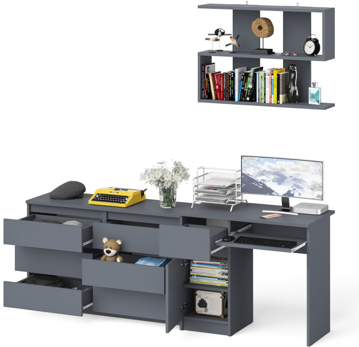 Мори Стол компьютерный МС-1 левый + Комод МК1200.6 + Полка 900, цвет графит, ШхГхВ 210,4х50х209,6 см., НЕ универсальная сборка