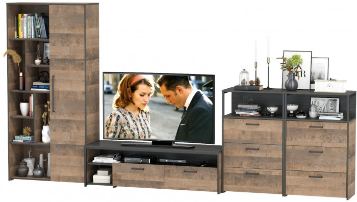 Трувор Гостиная 104, цвет дуб гранж песочный/интра, ШхГхВ 374,8х45,4х195 см., универсальная сборка