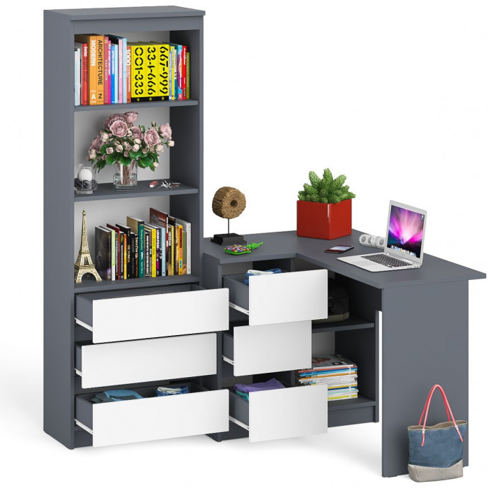 Мори компьютерный стол МС-16 левый + Стеллаж МСТ600.3, графит/белый