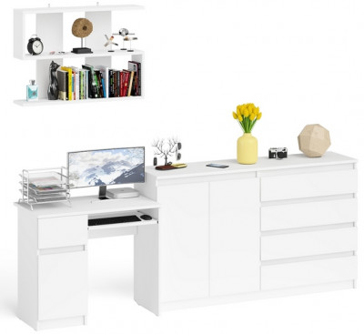 Мори Стол компьютерный МС-1 левый + Комод МК1600.1 + Полка 900, цвет белый, ШхГхВ 250,4х50х209,6 см., НЕ универсальная сборка