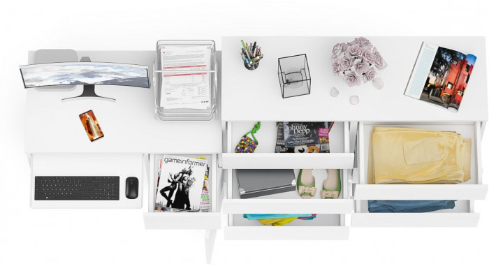 Мори Стол компьютерный МС-1 правый + Комод МК1200.8, цвет белый, ШхГхВ 210,4х50х94 см., выдвижной ящик справа, НЕ универсальная сборка