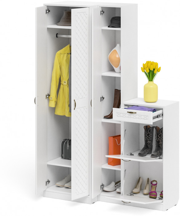 Прихожая П-6 Компоновка № 28, цвет белая шагрень/фасады МДФ белое дерево фрезеровка ромб, ШхГхВ 140х50х210 см., универсальная сборка