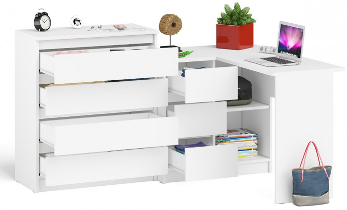 Мори Стол компьютерный МС-16 левый + Комод МК800.4, цвет белый, ШхГхВ 204,8х84,9х94 см., выдвижные ящики слева, НЕ универсальная сборка