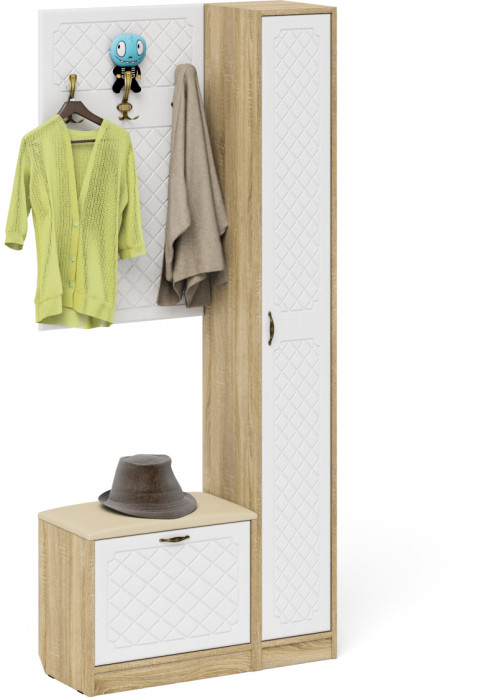 Прихожая П-6 Компоновка № 21, цвет дуб сонома/фасады МДФ белое дерево фрезеровка ромб, ШхГхВ 90х35х210 см., универсальная сборка