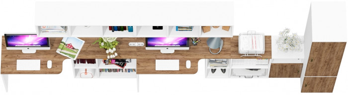 Лидер-8 Стол + Полка + Стол + Полка + Пенал МД 23Б + Тумба МД 3.19, белый шагрень/крафт золото