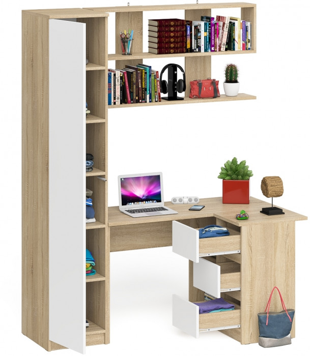 Мори компьютерный стол МС-16 правый + Пенал МШ400.1 + Полка 1200, дуб сонома/белый