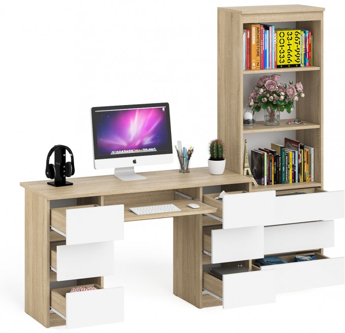 Мори компьютерный стол МС-2 + Стеллаж МСТ600.3, дуб сонома/белый