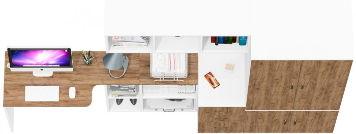 Лидер-8 Стол + Полка + Тумба МД 3.16 + Шкаф МД 19Б, цвет белый шагрень/крафт золото, ШхГхВ 285х50/50х75/190 или 115х200/50х75/190 см., НЕ ун. сб.