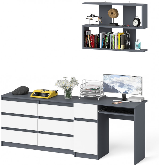 Мори Стол компьютерный МС-1 левый + Комод МК1200.6 + Полка 900, цвет графит/белый, ШхГхВ 210,4х50х209,6 см., НЕ универсальная сборка