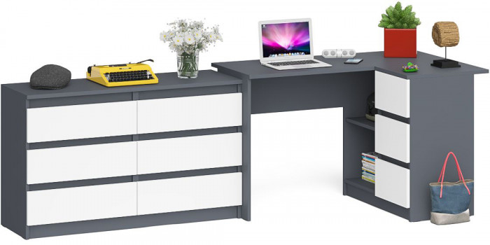 Мори Стол компьютерный МС-16 правый + Комод МК1200.6, цвет графит/белый, ШхГхВ 244,8х84,9х76,6 см., выдвижные ящики справа, НЕ универсальная сборка