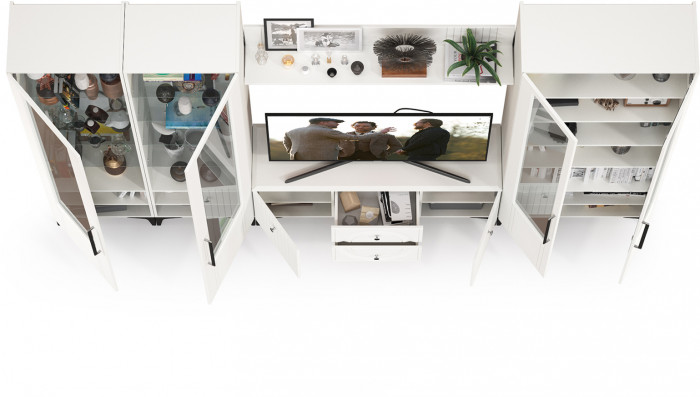 Валенсия Гостиная № 066, цвет ЛДСП белый шагрень/МДФ белый шагрень, ШхГхВ 327,2х38,3х225,2 см., ниша для ТВ 133х38х117 см., универсальная сборка