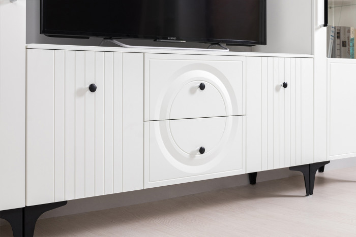 Валенсия Гостиная № 066, цвет ЛДСП белый шагрень/МДФ белый шагрень, ШхГхВ 327,2х38,3х225,2 см., ниша для ТВ 133х38х117 см., универсальная сборка