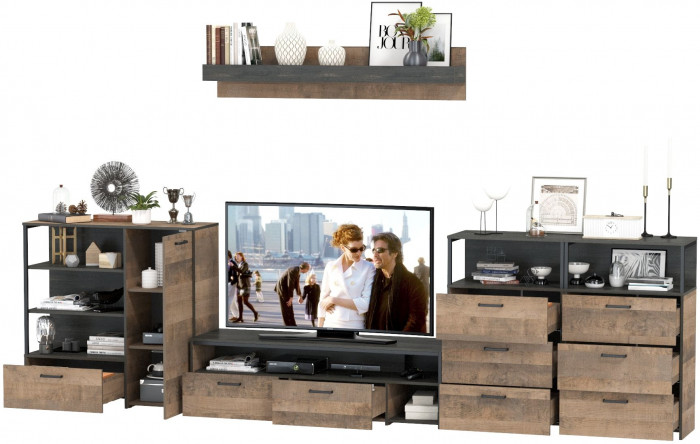 Трувор Гостиная 105, цвет дуб гранж песочный/интра, ШхГхВ 390,8х45,4х195 см., универсальная сборка