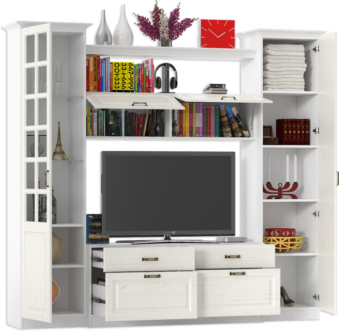 Ливерпуль Набор мебели 6, цвет ясень ваниль/белый, ШхГхВ 240х49,3х220,3 см.(без учёта карниза), ниша для тв 140х49х90 см., универсальная сборка