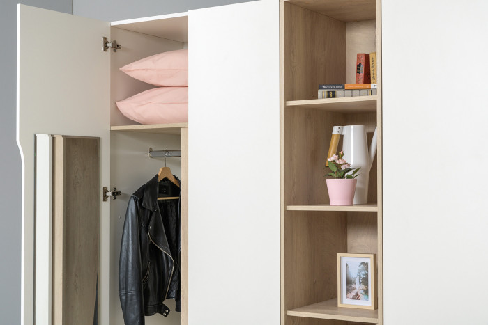 Муссон 13.198 Шкаф + 13.349 Стеллаж + 13.97 Комод + Зеркало СВК, цвет белый/дуб эндгрейн элегантный, ШхГхВ 204,6х52,3х229,8 см., НЕ универс. сб.