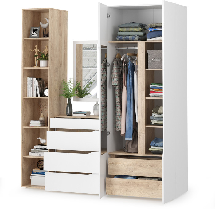 Муссон 13.198 Шкаф + 13.349 Стеллаж + 13.97 Комод + Зеркало СВК, цвет белый/дуб эндгрейн элегантный, ШхГхВ 204,6х52,3х229,8 см., НЕ универс. сб.
