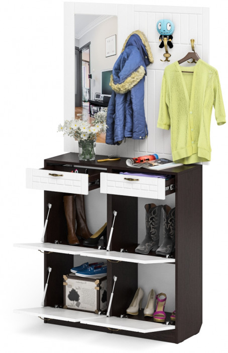 Прихожая П-6 Компоновка № 05, цвет венге/фасады МДФ белое дерево фрезеровка прованс, ШхГхВ 110х35х200 см.