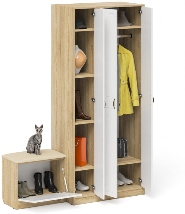 Прихожая П-6 Компоновка № 45, цвет дуб сонома/фасады МДФ белое дерево фрезеровка прованс, ШхГхВ 150х50х210 см., универсальная сборка