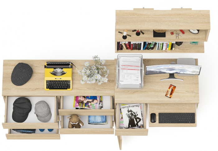 Мори Стол компьютерный МС-1 левый + Комод МК1200.6 + Полка 900, цвет дуб сонома, ШхГхВ 210,4х50х209,6 см., НЕ универсальная сборка