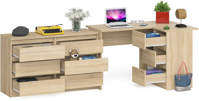 Мори Стол компьютерный МС-16 правый + Комод МК1200.6, цвет дуб сонома, ШхГхВ 244,8х84,9х76,6 см., выдвижные ящики справа, НЕ универсальная сборка