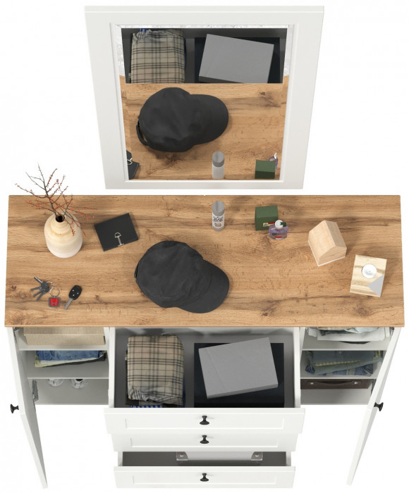 Остин 16.221 Комод + 17.03 Зеркало, цвет белый шагрень/дуб крафт золотой, ШхГхВ 120х41,9х229,6 см.