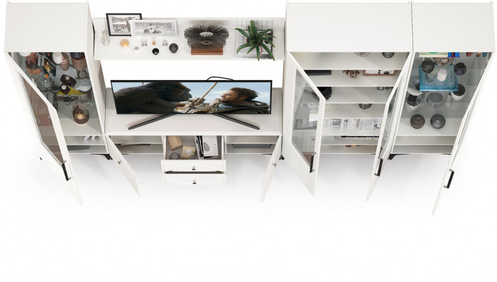 Валенсия Гостиная № 067, цвет ЛДСП белый шагрень/МДФ белый шагрень, ШхГхВ 327,2х38,3х225,2 см., ниша для ТВ 133х38х117 см., универсальная сборка